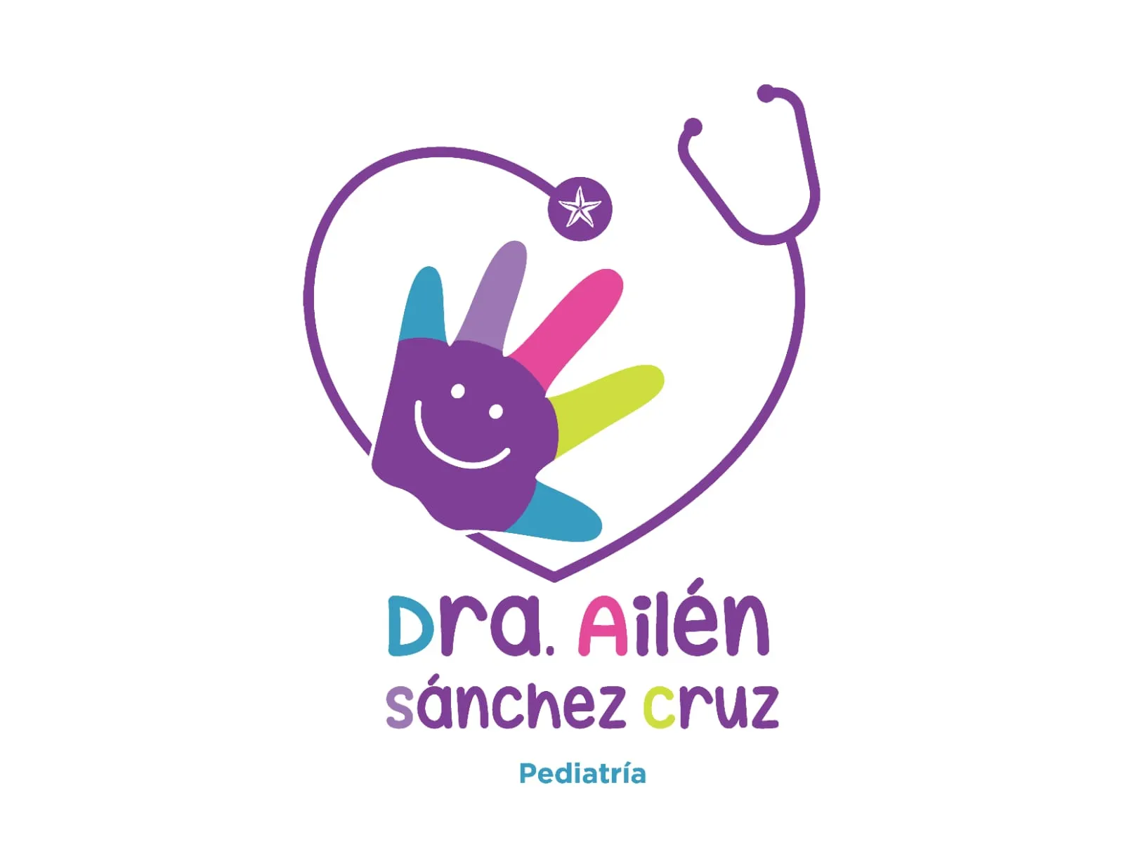 Logotipo de la Dra. Ailén Sánchez Cruz: mano infantil de colores dentro de un corazón con estetoscopio